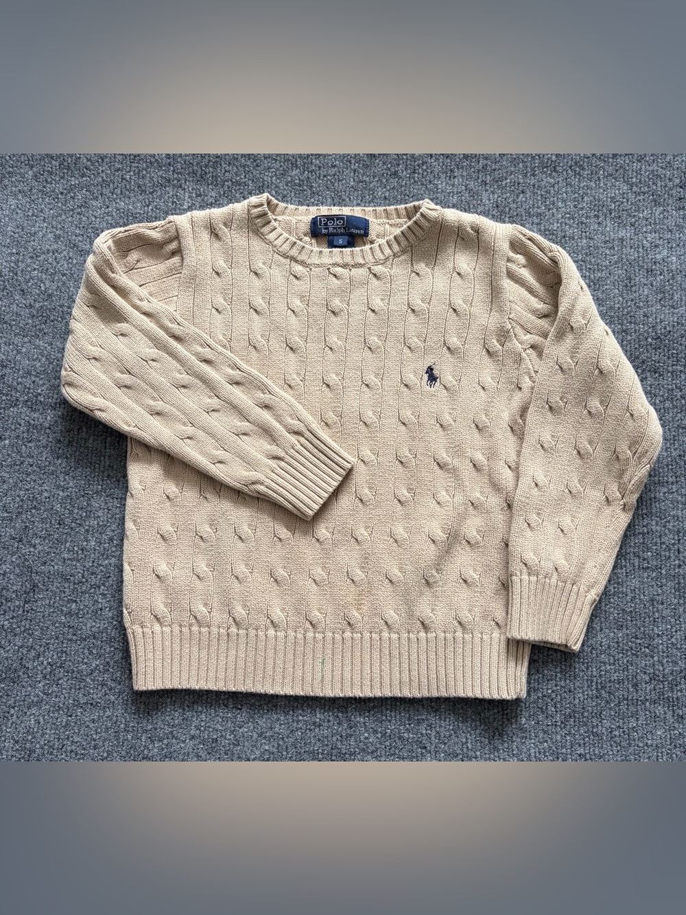 Polo Ralph Lauren Boys Size 5 Cable Knit Sweater Beige Tan Cotton Pony